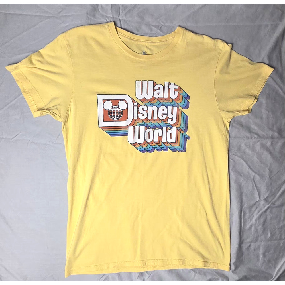 Disney Parks Walt Disney World Retro Rainbow Logo Mickey Yellow Shirt Medium